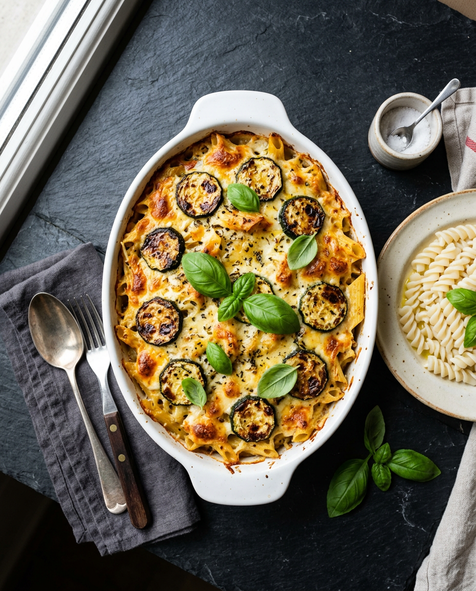 Un plat gratiné de pâtes aux courgettes et au basilic, avec une assiette de pâtes de riz à côté.