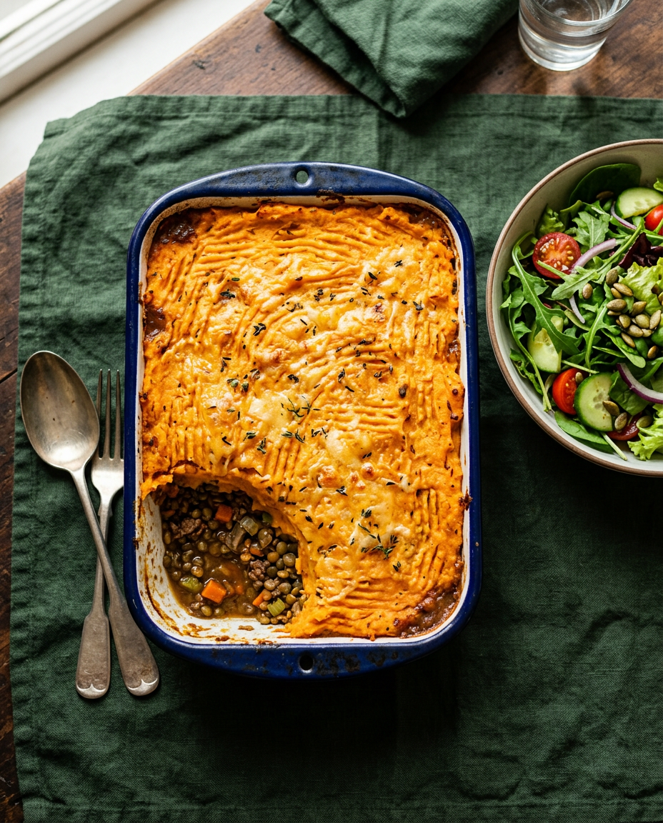 A baked sweet potato shepherd’s pie, cut into at one corner to show the lentils and meat underneath, with a salad.