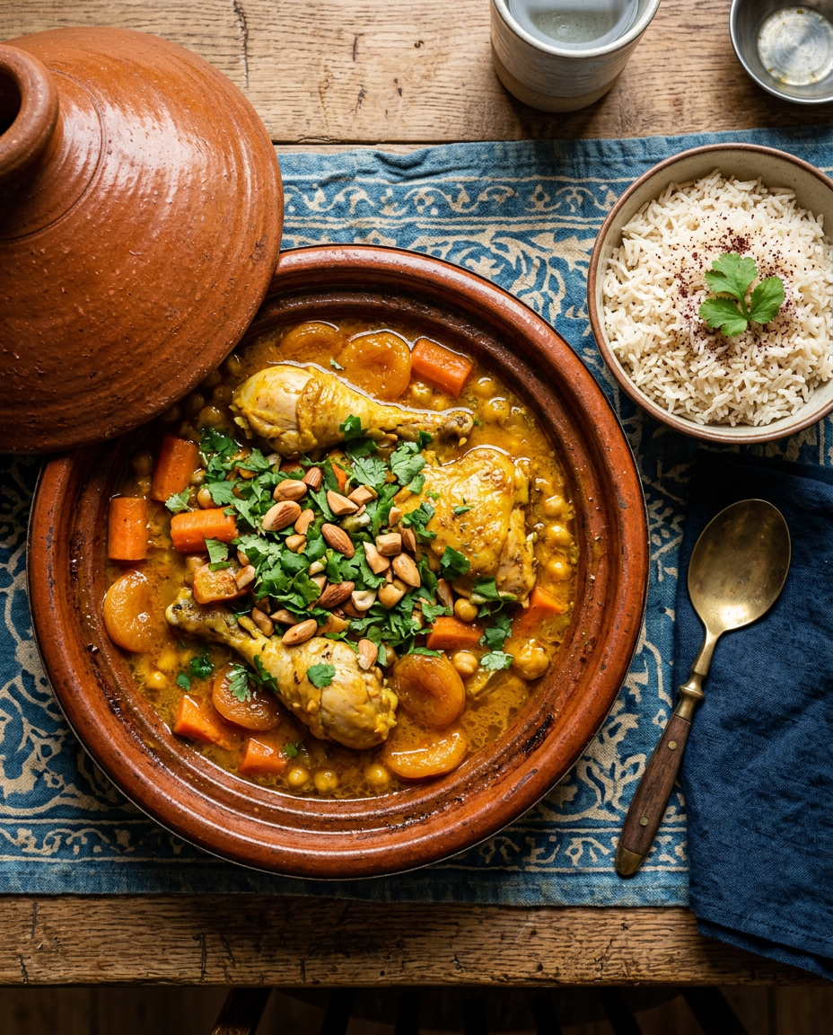 Un tajine de poulet, carottes, abricots et pois chiches, parsemé de coriandre et d’amandes, avec du riz.