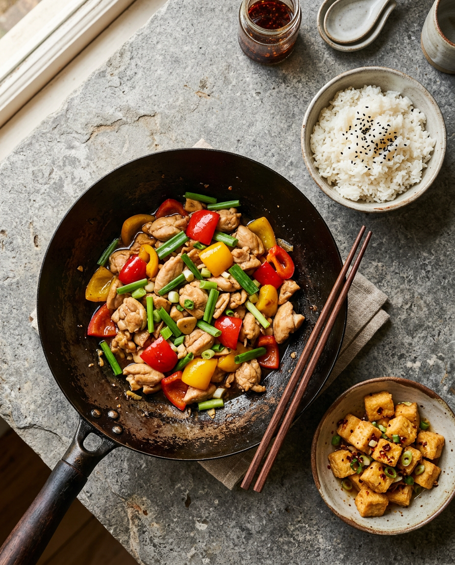A wok of chicken stir-fried with peppers and spring onion, with rice and a bowl of golden tofu.
