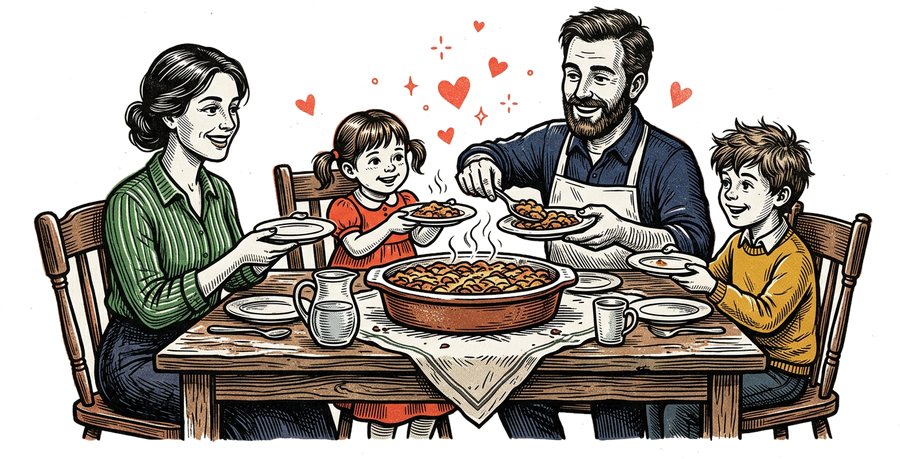 Illustration gravée d'une famille à table : le père sert un plat partagé, chacun tend son assiette.