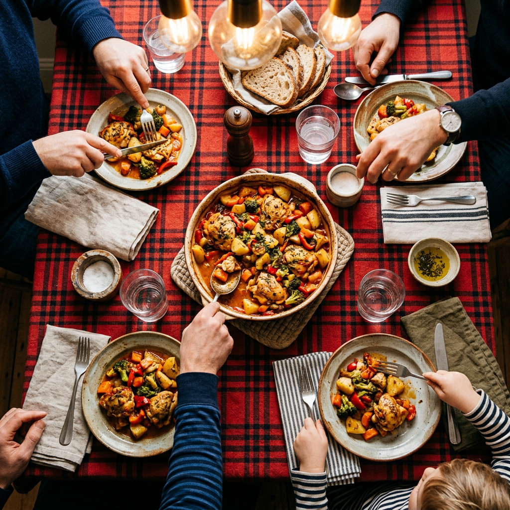 Vue du dessus d'une table de famille : un grand plat partagé au centre, et quatre assiettes avec chacune une portion différente.
